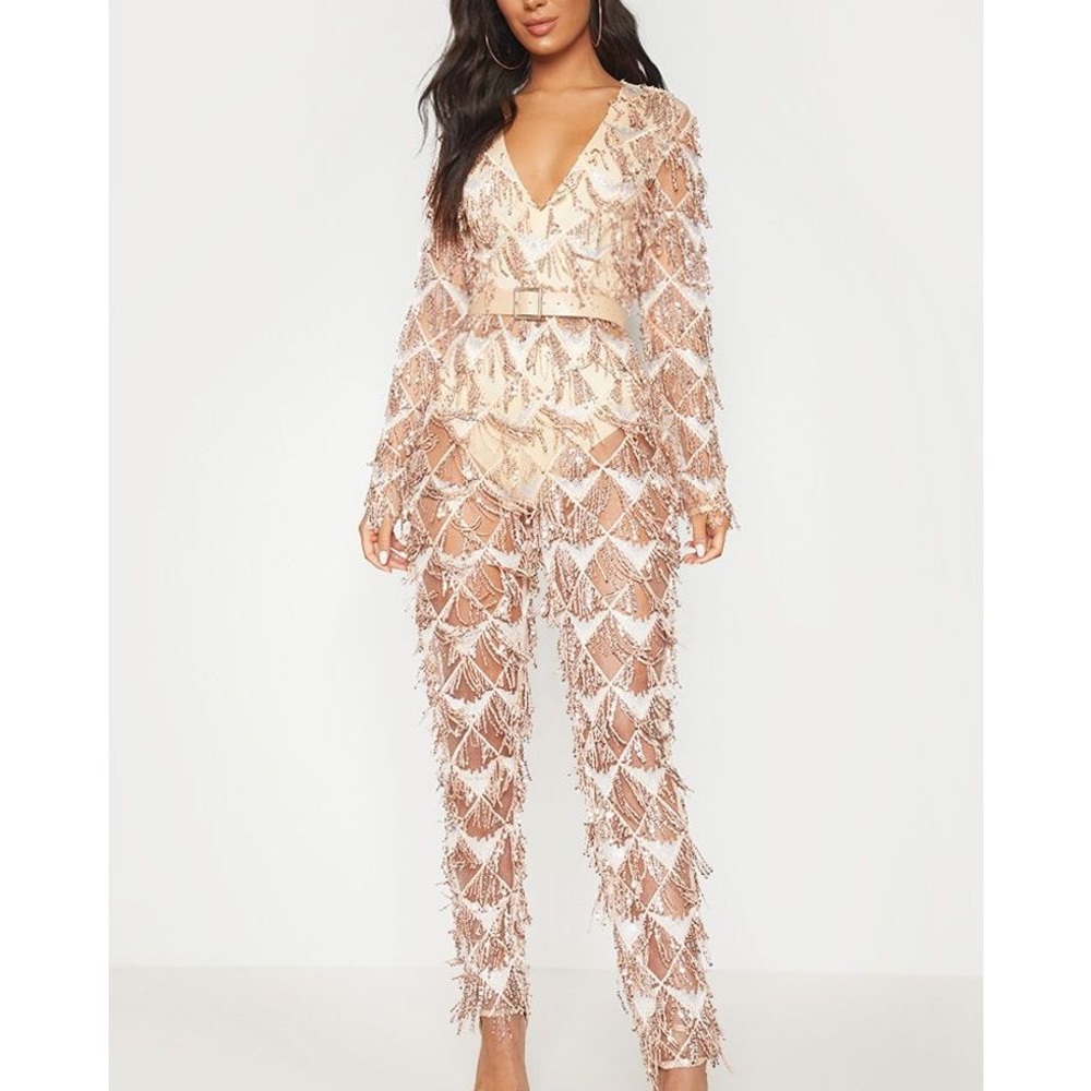 PLT Rose Gold Tassel Sequin Plunge Jumpsuit